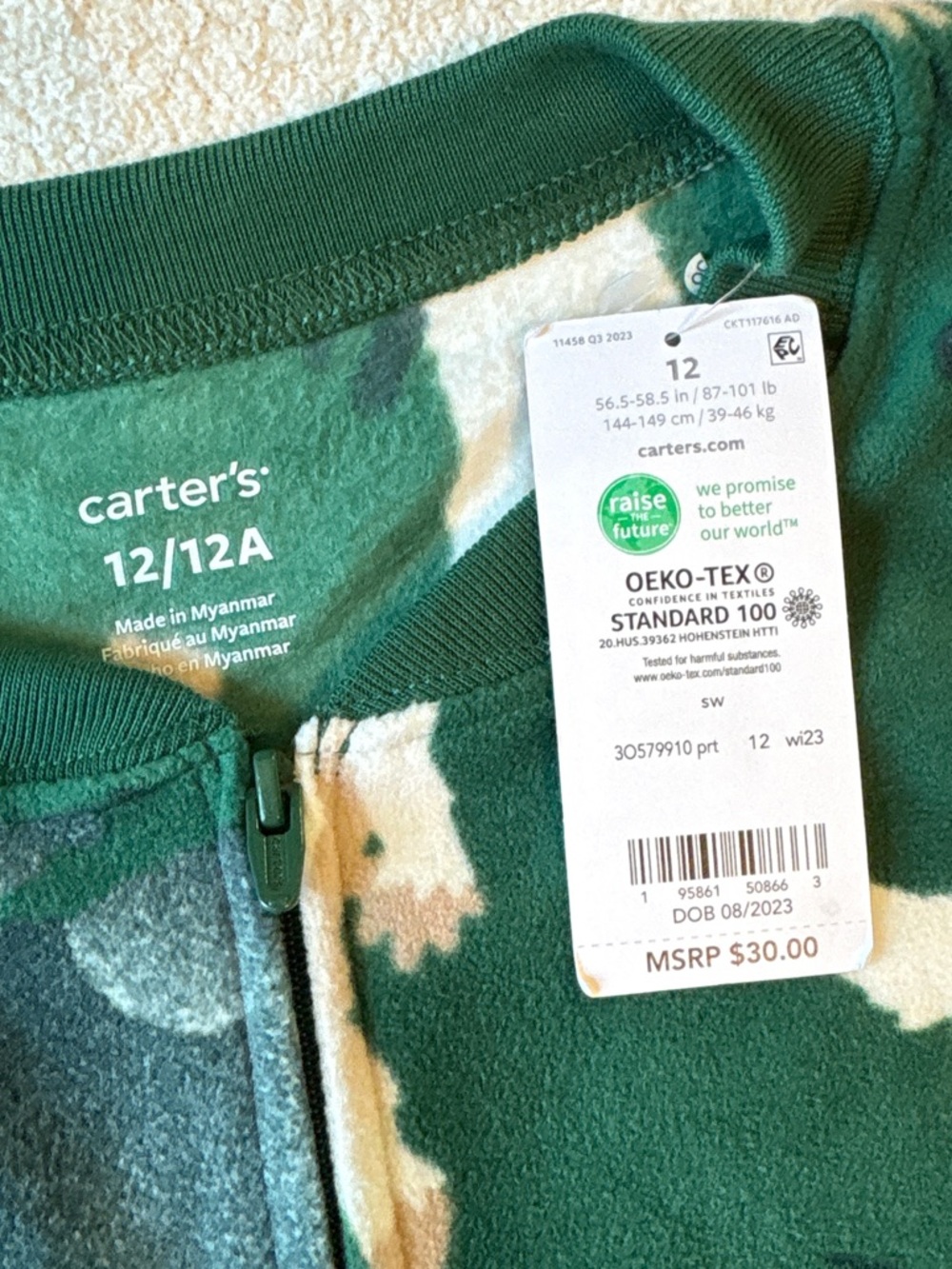 NWT Carter’s Fleece Footed Pajamas, Green w Yeti Design. Size 12 - Picture 2 of 2